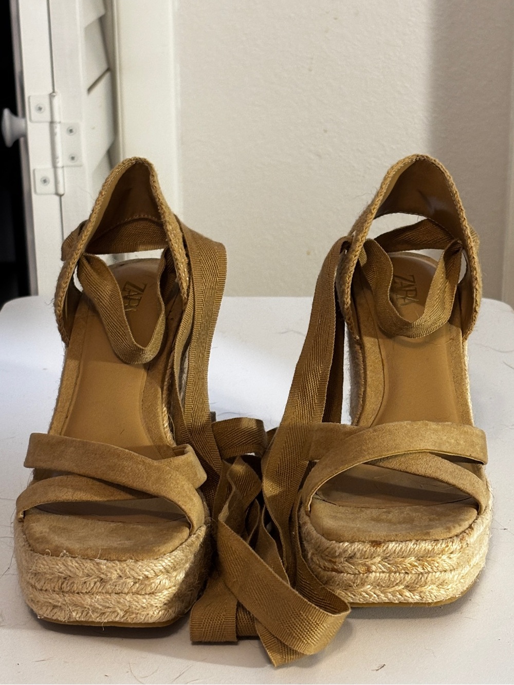 Zara Brown Espadrille Wedge Sandals with Ankle Wraps